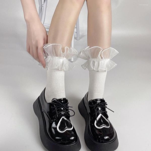 Chaussettes japonaises à volants pour femmes, mignonnes Kawaii, en coton noir et blanc, Style JK Lolita, maille, dentelle transparente avec volants