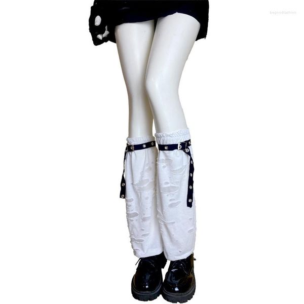 Calzini da donna Ragazza giapponese Rotto Strappato Unisex Y2k Donna Stile gotico Nero Bianco Lungo con cinturino Copri piede Harajuku