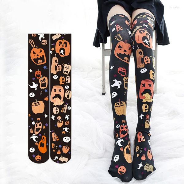 Calcetines de mujer chicas japonesas Lolita medias por encima de la rodilla Anime calabaza grande Halloween Cosplay patrón de dibujos animados impreso medias de terciopelo Ly