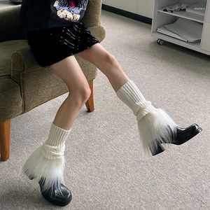 Calcetines de mujer Harajuku japonés para chicas, calentadores de piernas de punto acanalados de invierno, retales de felpa peludos largos, cubierta de pie de Color sólido brillante