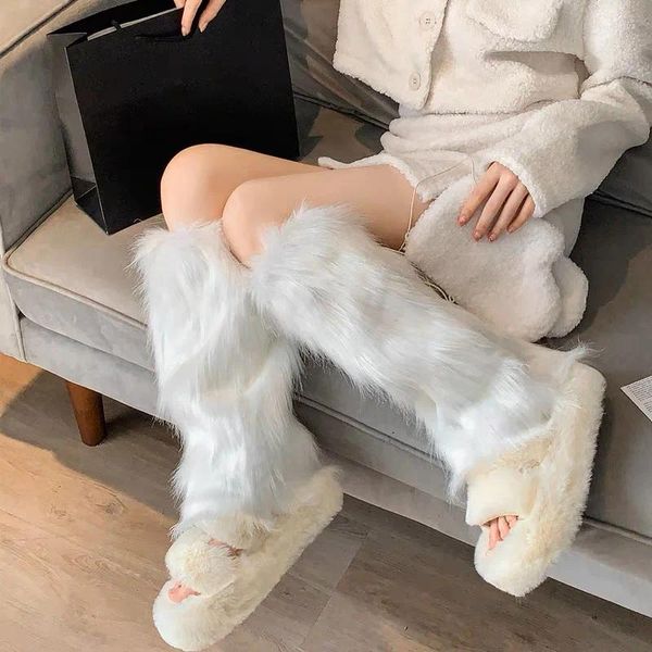 Chaussettes japonaises Jk en fausse fourrure blanche pour femmes, couvre-bottes gothiques Y2K, mignonnes, longueur aux genoux, Hipster