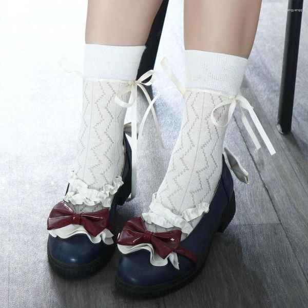 Calcetines de mujer japoneses JK Kawaii Bowknot verano transpirable tubo medio ahuecado algodón para medias de vendaje femenino