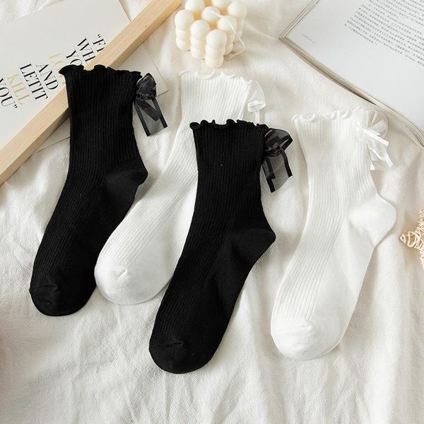 Calcetines de mujer japoneses Kawaii lindos Lolita dulces niñas encaje lazo con volantes Color sólido negro blanco JK accesorios de disfraces