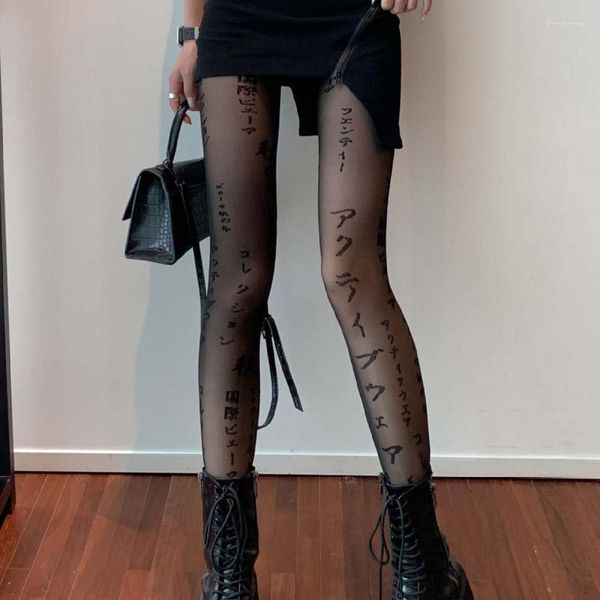 Femmes chaussettes lettre japonaise Sexy bas noirs mode Streetwear imprime cuisse haute dames filles collants