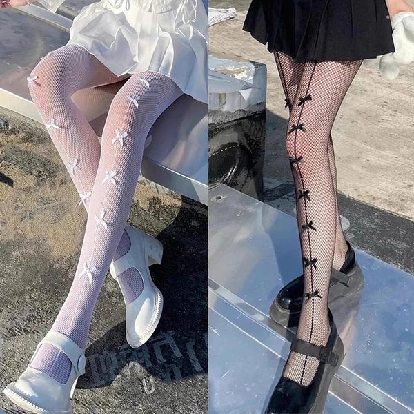 Calcetines de mujer estilo japonés Lolita, medias de malla con lazo, medias sexys para niña, medias de rejilla de encaje de nailon huecas, pantimedias Vintage para discoteca