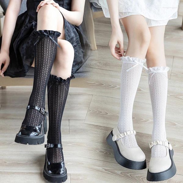 Chaussettes japonaises Style Lolita pour femmes, chaussettes hautes en dentelle blanche, douces rétro pour filles, bas de cuisse à nœud mignon, à volants longs