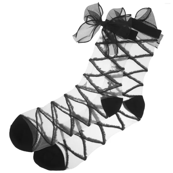 Calcetines de mujer japoneses a media pantorrilla Bowknot malla fina para medias de red de tul de verano negro