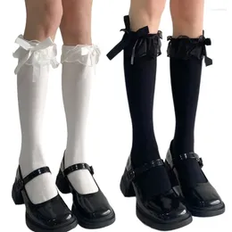 Calcetines de mujer japoneses de primavera tejidos de algodón sobre la pantorrilla largos dulces con volantes y lazo hasta la rodilla medias