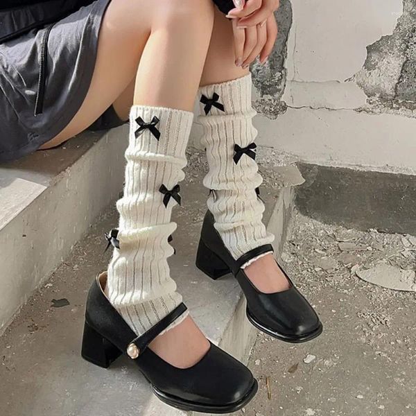 Calcetines de mujer estilo japonés JK arco tejido de lana pila niñas Otoño Invierno botas de ganchillo puños cubierta de pie media larga