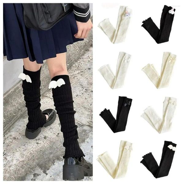 Calcetines de mujer estilo japonés tejido Bowknot pierna moda calentadores de Color sólido niñas lana pila Kawaii sobre la rodilla puños de bota