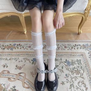 Chaussettes en maille transparente pour femmes, Style japonais, douce et mignonne, Lolita, 3 couches, dentelle, hauteur des genoux, Tulle Transparent, Vintage, Y2K, Streetwear
