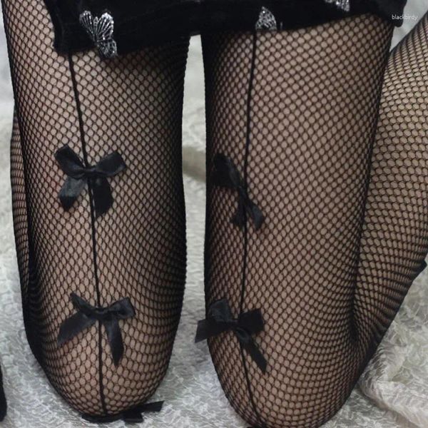 Calcetines de mujer Lolita japonesa para mujer, medias de malla con lazo bonito, medias sexis para niñas, medias de rejilla de encaje de nailon huecas, pantimedias vintage para discoteca