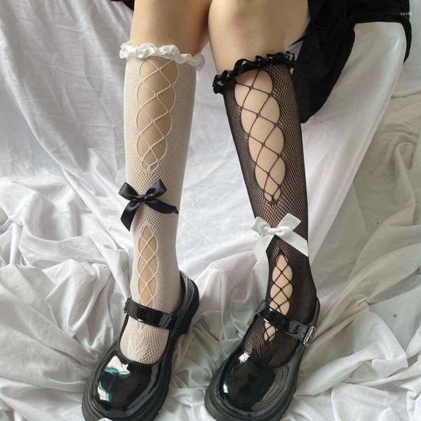 Calcetines de mujer, medias japonesas huecas sexis de rejilla de Lolita, lindo lazo de malla, accesorios de ropa hasta la rodilla para niña JK
