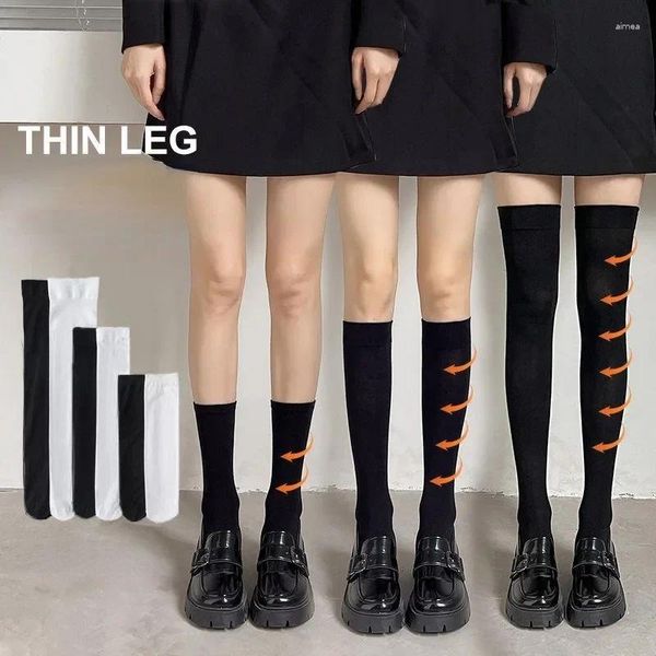 Chaussettes JK noires et blanches pour femmes, bas hauts, Kawaii, Lolita, le genou, velours, mode Cosplay, Sexy, Nylon, mollet Long, Sox