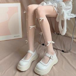 Calcetines de mujer JK medias de estilo japonés hechas a mano con lazo de terciopelo dulce chica medias altas hasta el muslo pantimedias Lolita cuerpo perla
