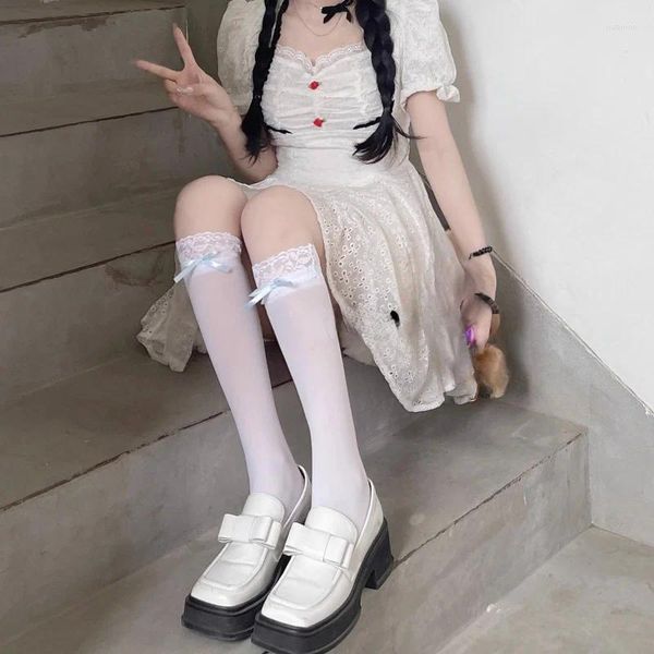 Mujeres calcetines jk encaje lindo terciopelo blanco lolita mujer sexy rodilla alta kawaii cosplay anime bowknot nylon medias de ternero