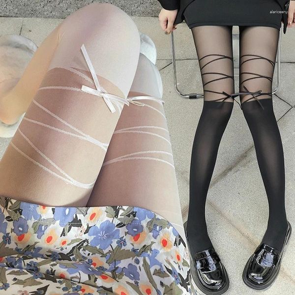 Calcetines de mujer JK Lolita con lazo de encaje, medias de rejilla con estampado, medias polainas de malla para mujer, pantimedias con lazo, medias blancas y negras