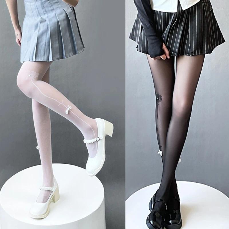 Women Socks JK Sweet Stockings Pearl Bowknot Side Jacquard Rose Pantyhose Tights