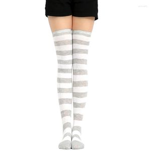 Femmes chaussettes JK femme Cosplay bas gris blanc bandes Lolita longue sur genou cuisse haute Compression