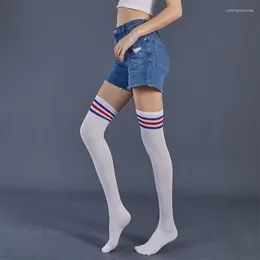 Calcetines de mujer JK, medias de Cosplay para mujer, tiras blancas, rojas y azules, medias largas por encima de la rodilla hasta el muslo de alta compresión