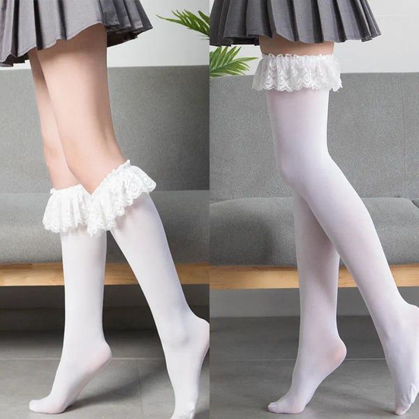 Chaussettes JK en dentelle pour femmes, mignonnes, noires, blanches, velours, Lolita, longues, Sexy, hautes, Kawaii, Cosplay, Anime, bas en Nylon à volants