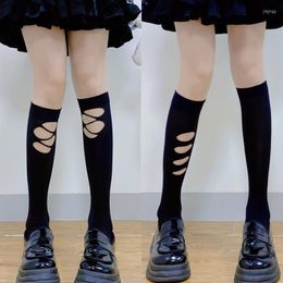 Dames sokken jk vrouw kousen schattig zwart witte lolita lange massieve knie hoog gat asymmetrie meisjes kawaii cosplay sexy nylon