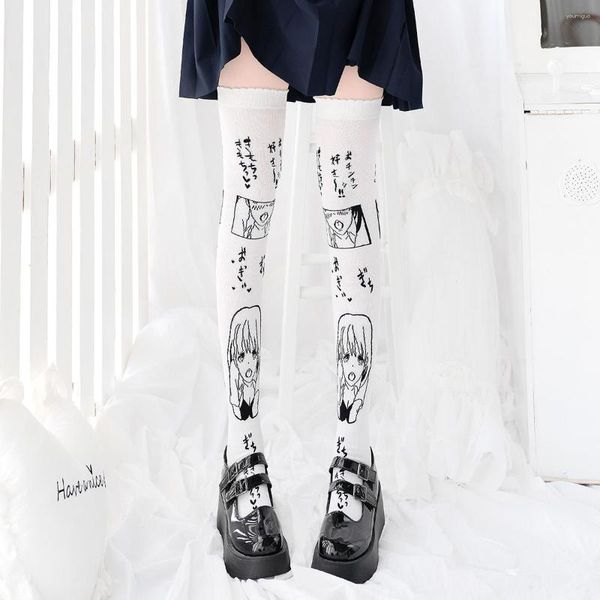 Femmes chaussettes kawaii caricatures animées bas imprimées harajuku lolita filles gothiques longs blancs sur le genou style japonais
