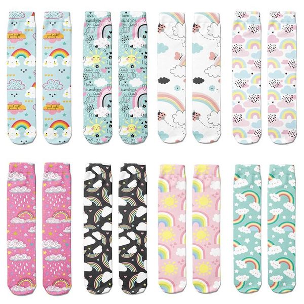 Femmes Chaussettes Kawaii Filles Arc-En-Ciel Nuages Rose Impression 3D Dessin Animé Mignon Et Hommes Confortable Longue Ligne Droite