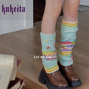 Chaussettes Kukeita Harajuku pour femmes, chauffe-jambes à rayures colorées, japonais Kawaii, mignon bouton tricoté, couverture Y2k