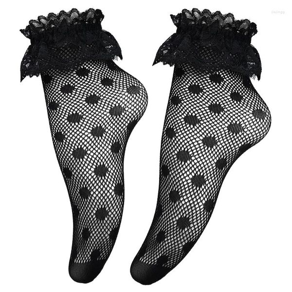 Femmes chaussettes dentelle noir Vintage Lolita Style filles froufrous à pois résille mode évider été chaussette courte pour