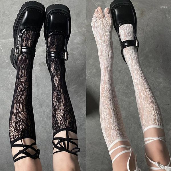 Chaussettes en dentelle résille creuse pour femmes, bas en maille Lolita Y2K, bonneterie haute aux genoux, bout fendu séparé, bretelles longues Sox