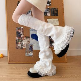 Calcetines de mujer, calentadores de piernas de encaje, calcetines por encima de la rodilla japoneses dulces, cubiertas de pierna Y2K de punto cálido para invierno, puños de bota Harajuku, calcetín JK Lolita