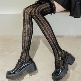 Femmes chaussettes dentelle Lolita bas haut genou cuisse femme mignon Long Tube amour Jacquard collège japonais Ultra-mince Sexy noir blanc