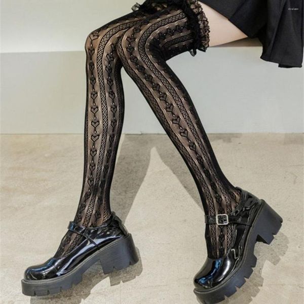 Calcetines de mujer Medias de encaje de lolita Medias altas hasta la rodilla Muslo de mujer Lindo tubo largo Amor Jacquard Universidad japonesa Ultrafino Sexy Negro Blanco