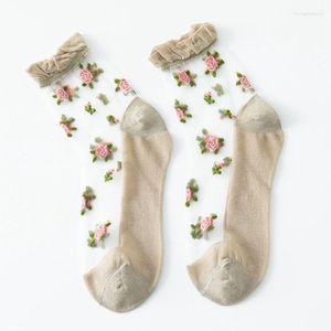 Femmes chaussettes dentelle mi-tube soie Ultra-mince respirant été fleur de Rose filles Transparent bulle bouche femmes mignon