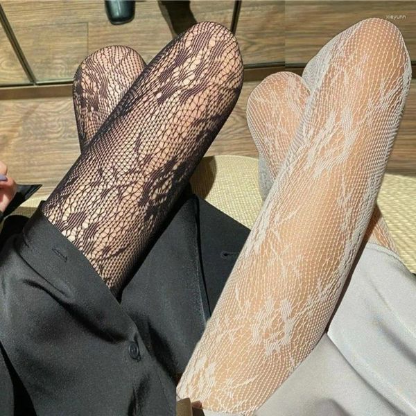 Femmes chaussettes dentelle rotin fleur bas Sexy noir blanc creux Jacquard résille Nylon collants élastiques collants sous-vêtements