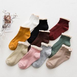 Femmes chaussettes dentelle volants coton doux pour dames personnalité couleur Pure froufrous bord à volants chaussette printemps été Calcetines