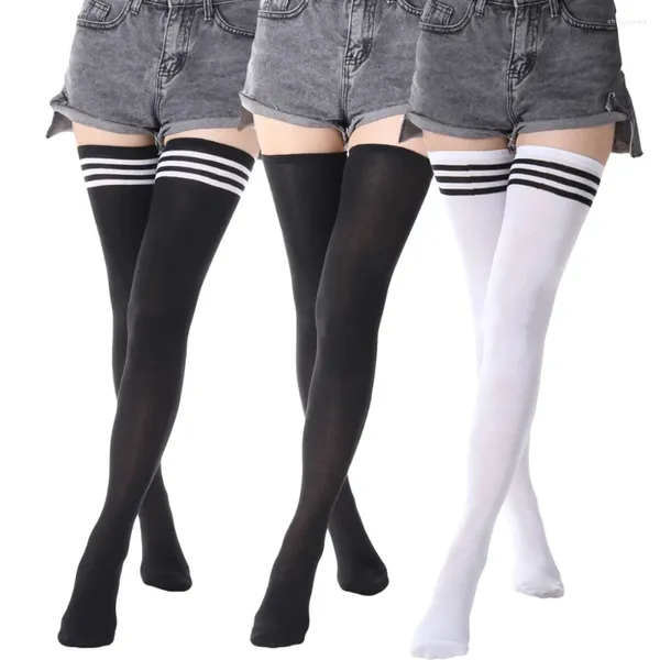 Femmes chaussettes dames filles longues longs noir blanc rayé sexy sur le genou cuisse haut les bas