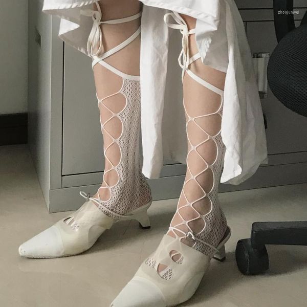 Calcetines de mujer Damas Ins Sexy Lace Jk Versión coreana japonesa Cruz Pajarita negra Leggings Calcetín largo Pantorrilla Verano Medias finas Kawaii