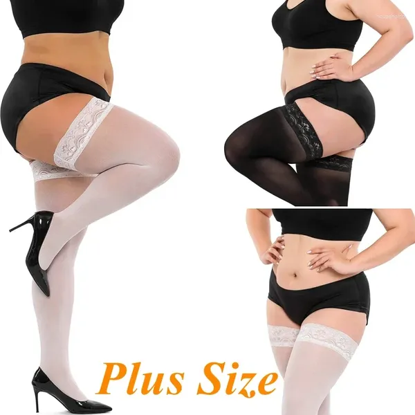 Calcetines de mujer medias de talla grande más Sexy hasta el muslo de encaje largo para mujer XXXXL medias negras de rejilla con antideslizante