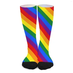 Chaussettes pour femmes LGBT arc-en-ciel Gay Pride drapeau rayures bas décontractés respirant extérieur automne personnalisé antidérapant
