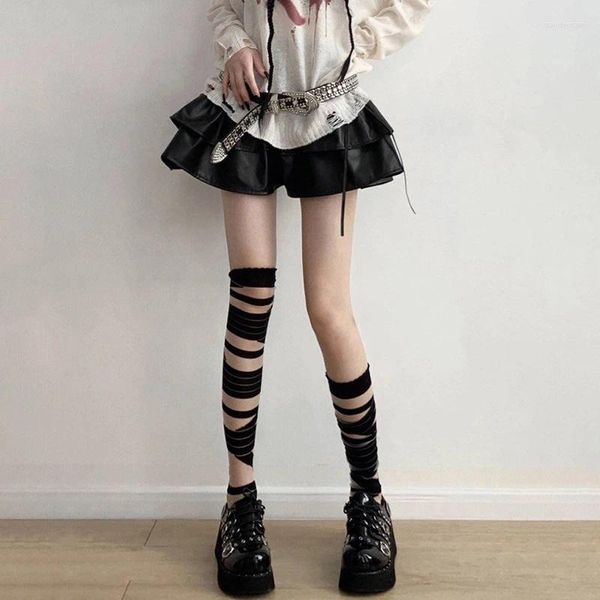 Chaussettes féminines lolita bandages blancs noirs minces jk uniformes croix de croix longues bases bas de genou