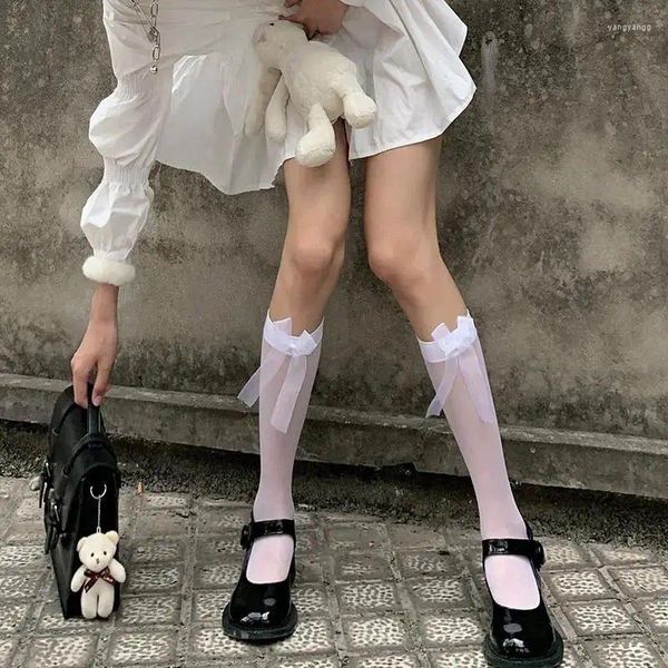 Femmes chaussettes Lolita Bowknot Stockings JK Girls Calf mince Knee avec Bow Summer Sweet Girl Cute Cosplay High
