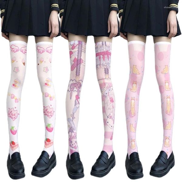 Chaussettes Lolita de dessin animé pour femmes, bas hauts de cuisse, dessin animé japonais, mignon cochon ours Animal imprimé Cosplay, bas au-dessus du genou