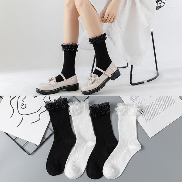 Calcetines de mujer moda Lolita Jk negro blanco princesa Harajuku volantes Cosplay Anime calcetín corto Casual algodón estudiantes Soxs