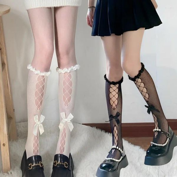 Chaussettes féminines Lolita Girls Bow Hollow Long Sweet Style Fishnet Tide Lace Knee Stockings High Silk Cross Ties Jk Thin Sock
