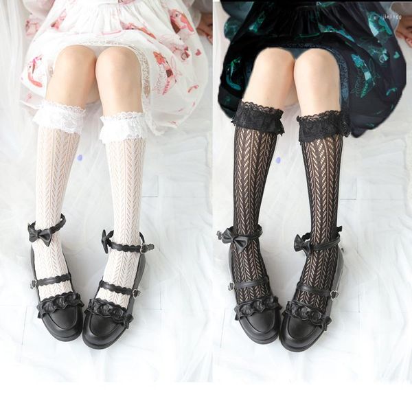 Calcetines de mujer Vestido gótico Lolita Linda chica Medias de encaje JP Sweet Cospla debajo de la rodilla Kawaii Negro Blanco Vintage Lovely Ruffle Hosiery