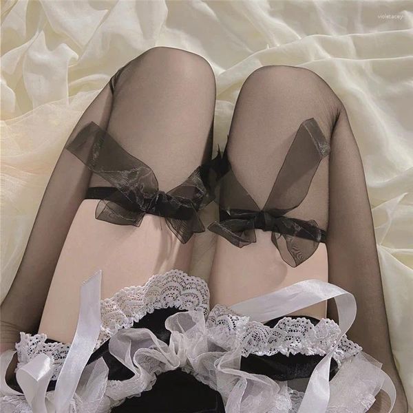 Femmes chaussettes lolita japonais mignons bas sexy girly arc noir et blanc arc mi-longueur du mollet sur le ruban d'été féminin du genou