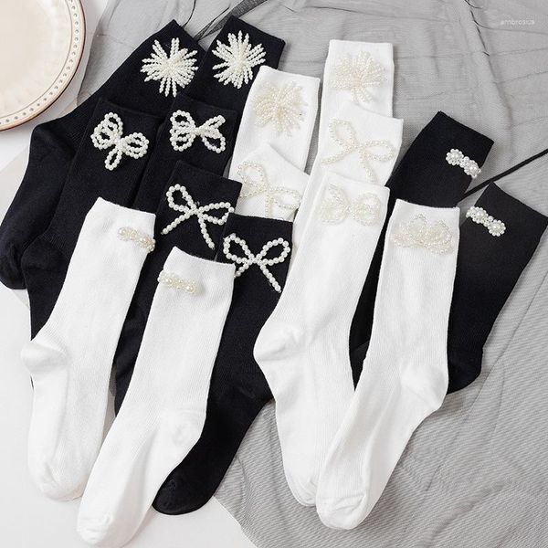 Chaussettes Lolita Jk pour femmes, douces et Sexy, Harajuku, couleur unie, esthétique, mignonnes, fausses perles, nœud, mode, noir, blanc, Sox