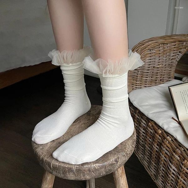 Chaussettes Lolita en dentelle et coton pour femmes, robe longue JK, blanc et noir, Streetwear, Calcetines Medias